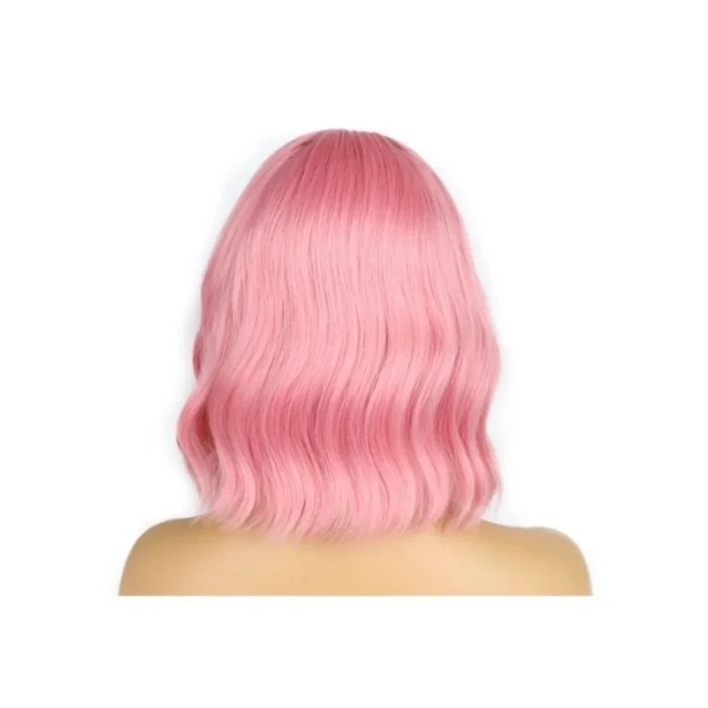 LANCAINI Pink Short Bob Wig with Bangs Wavy Curly Synthetic Cosplay Wig